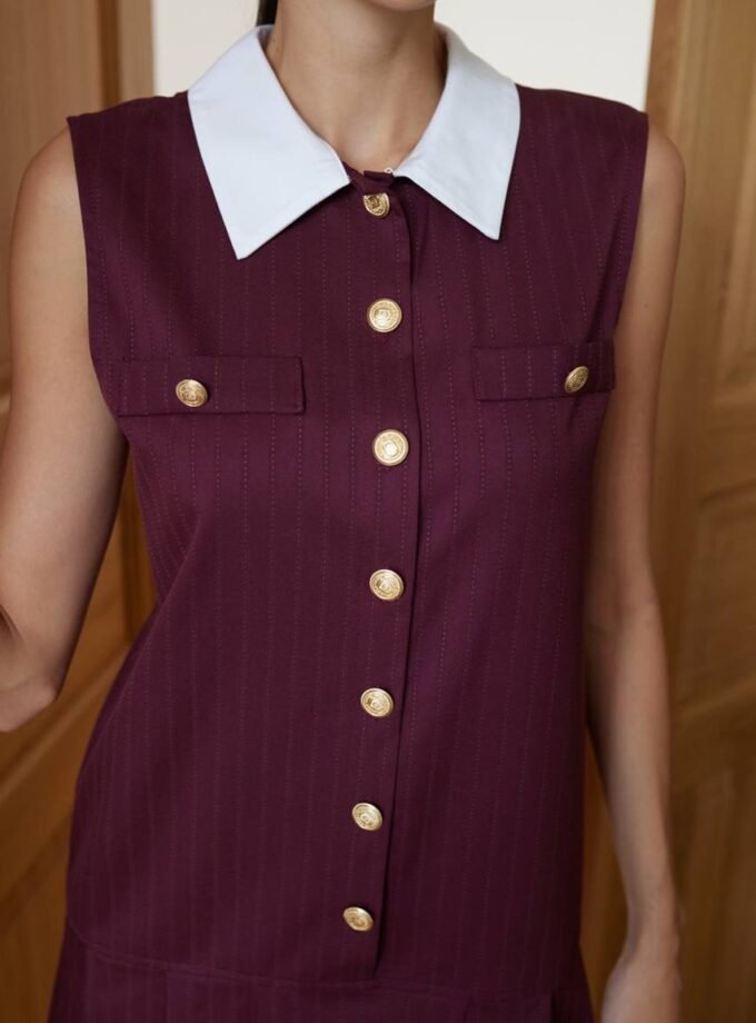 Davina Çizgili Klasik Bordo Elbise