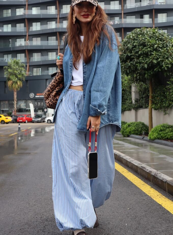 Nadia Çizgili Mavi Kadın Şalvar